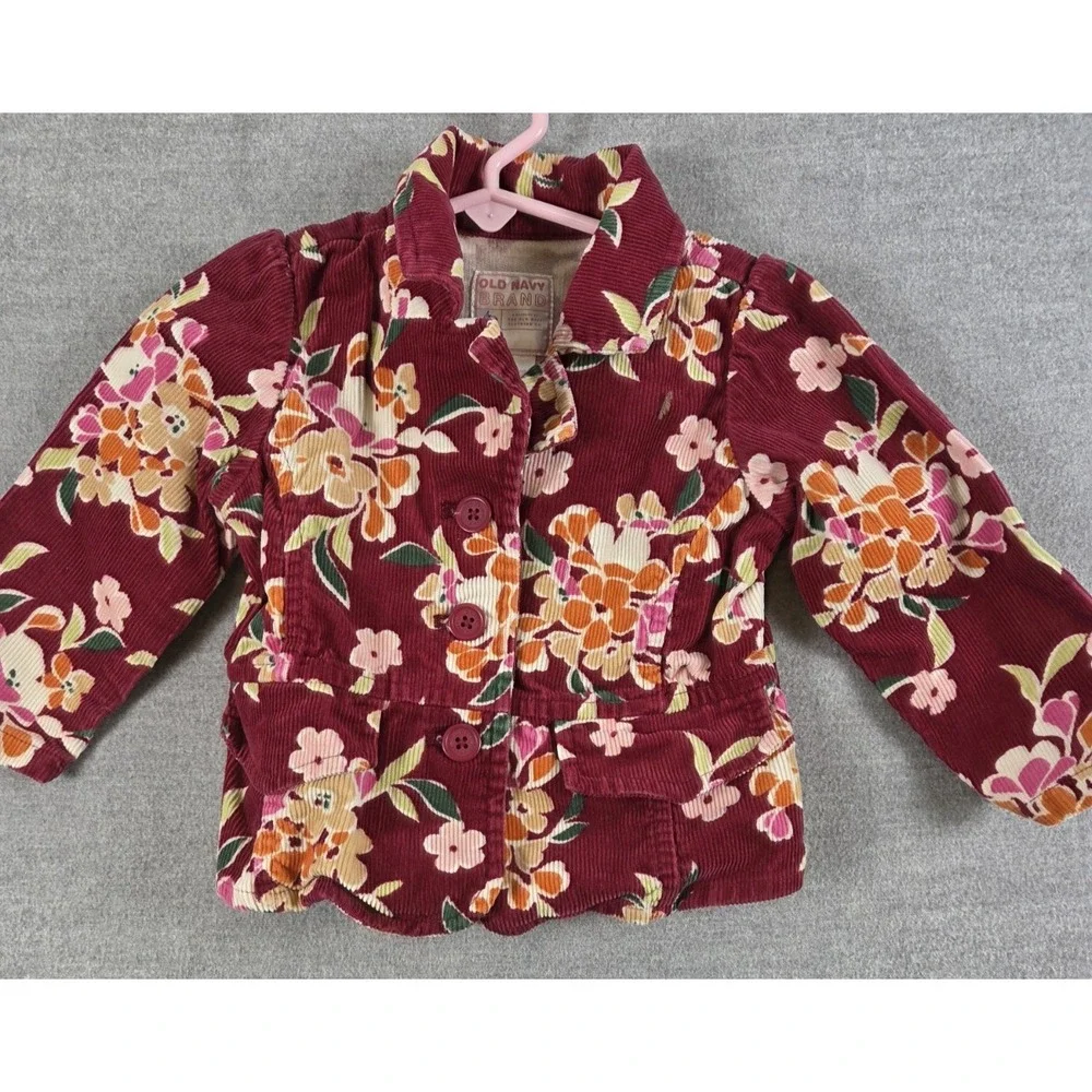 Old Navy Girls Corduroy Blazer Jacket 12-18M Maroon Floral Boho Preppy Fairy